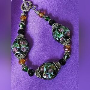 Artisan Crafted Toggle Bracelet with Floral Lampwork Art Glass Beads 8.25"